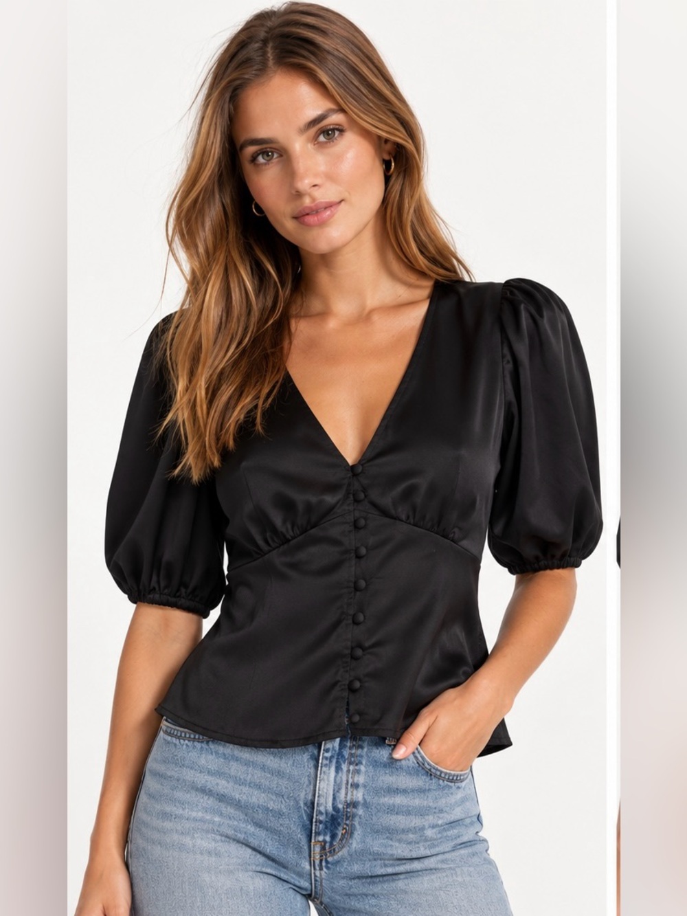 Abercrombie & Fitch Black Satin Puff-Sleeve V-Neck Blouse